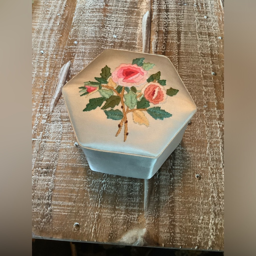 Vintage Embroidered Gray Satin Gift Box